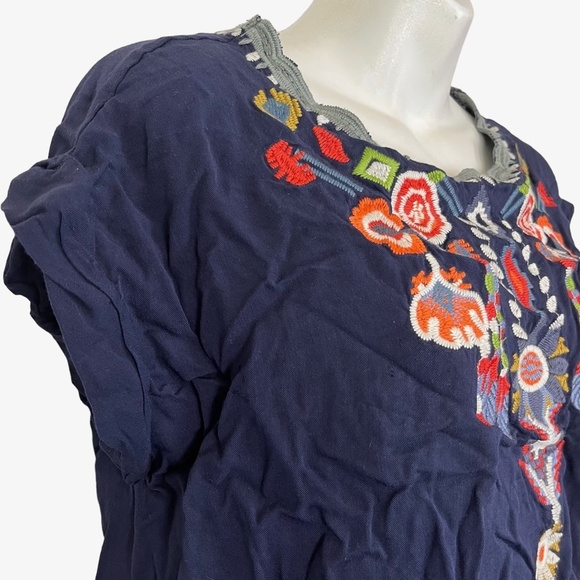 TEA N ROSE Embroidered Navy Blue Short Sleeve Pop Over Blouse Top Shirt Boho  S - Picture 8 of 16
